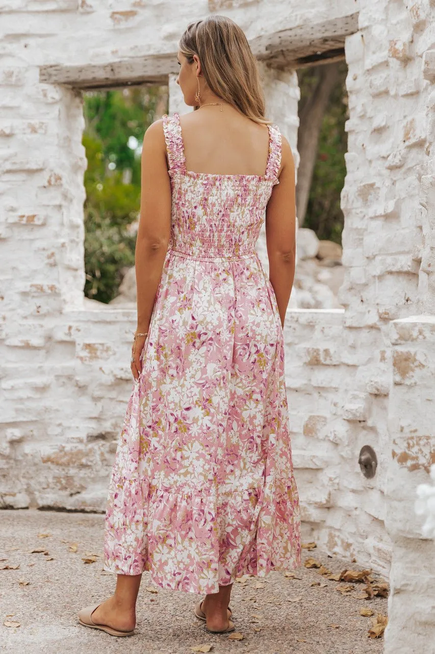 Caribbean Pink Floral Smocked Maxi Dress