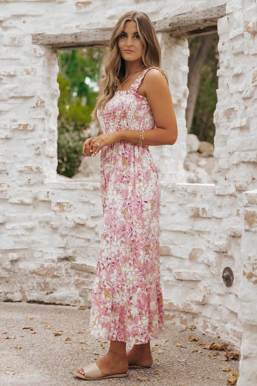 Caribbean Pink Floral Smocked Maxi Dress