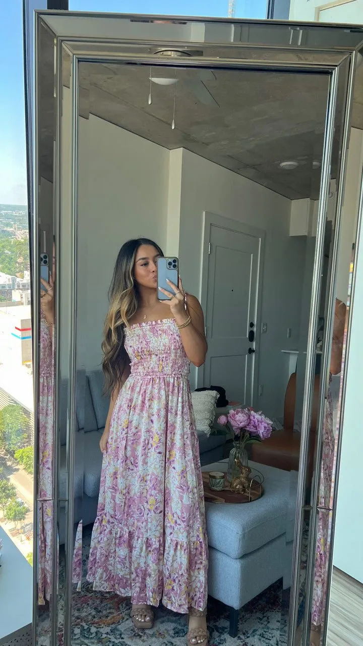 Caribbean Pink Floral Smocked Maxi Dress