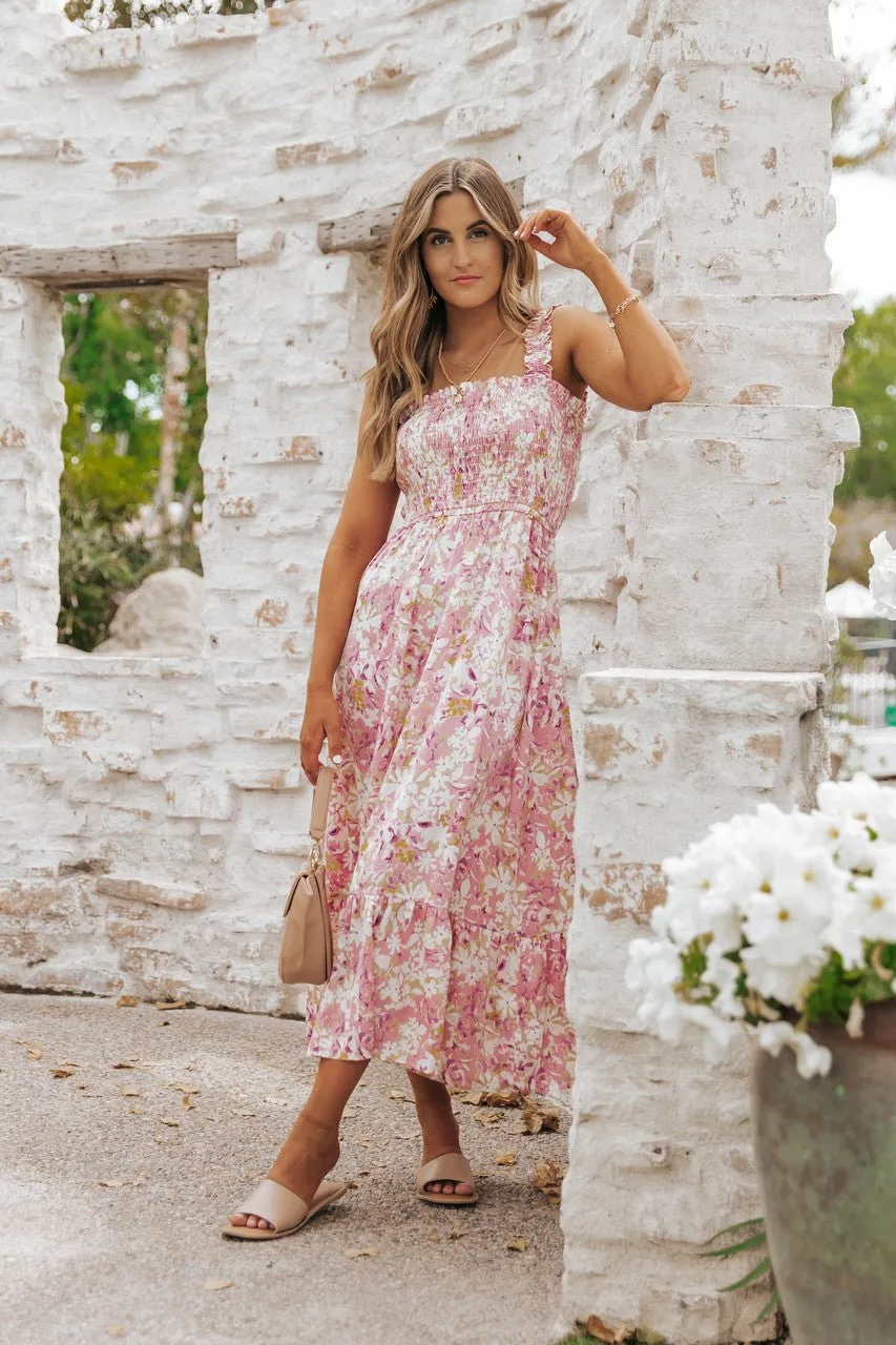 Caribbean Pink Floral Smocked Maxi Dress