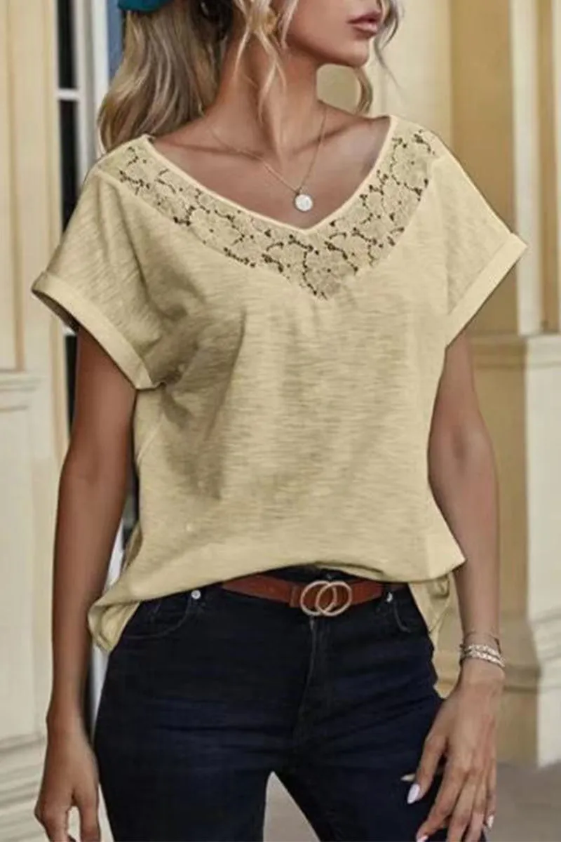 Casual Solid Lace Patchwork V Neck T-Shirts