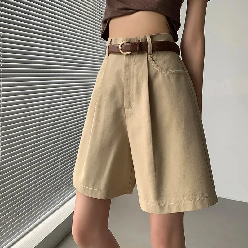 Casual Workwear Women's Shorts Summer Wide Leg High Waist Pockets Minimalism Loose Shorts