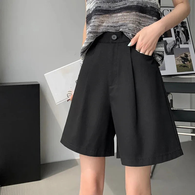 Casual Workwear Women's Shorts Summer Wide Leg High Waist Pockets Minimalism Loose Shorts