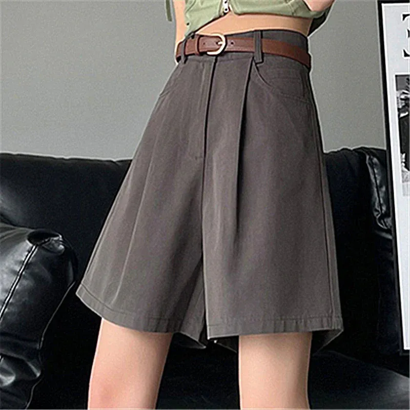 Casual Workwear Women's Shorts Summer Wide Leg High Waist Pockets Minimalism Loose Shorts