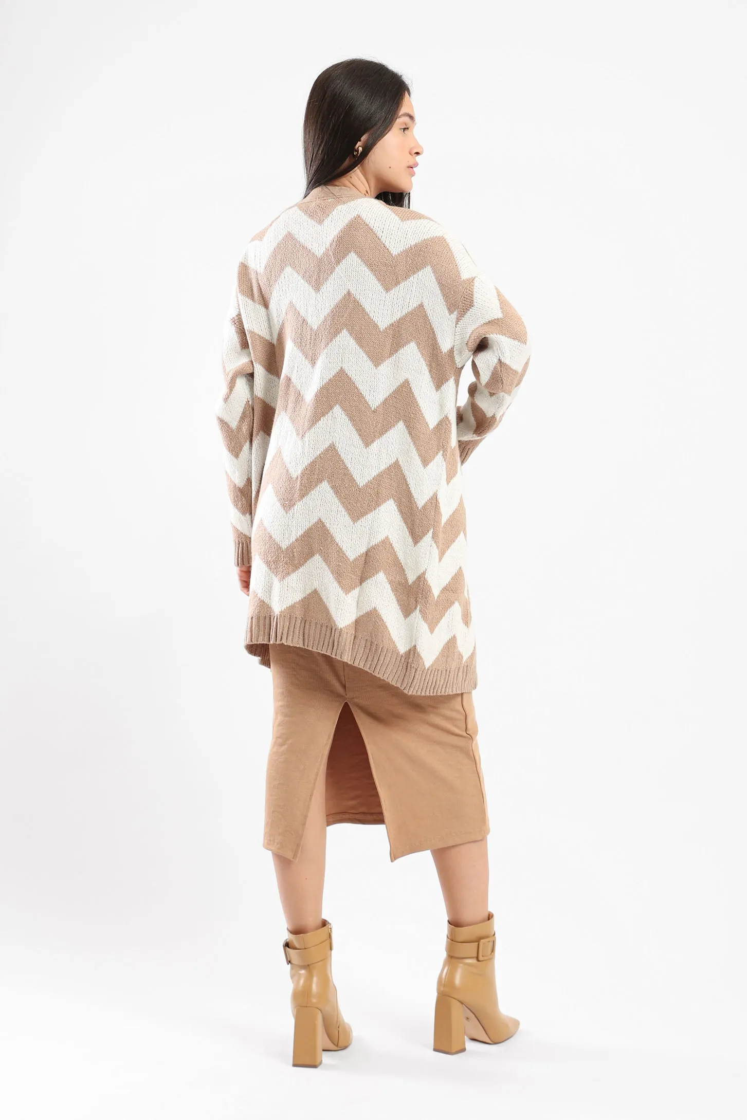 CHEVRON KNIT CARDIGAN - BEIGE