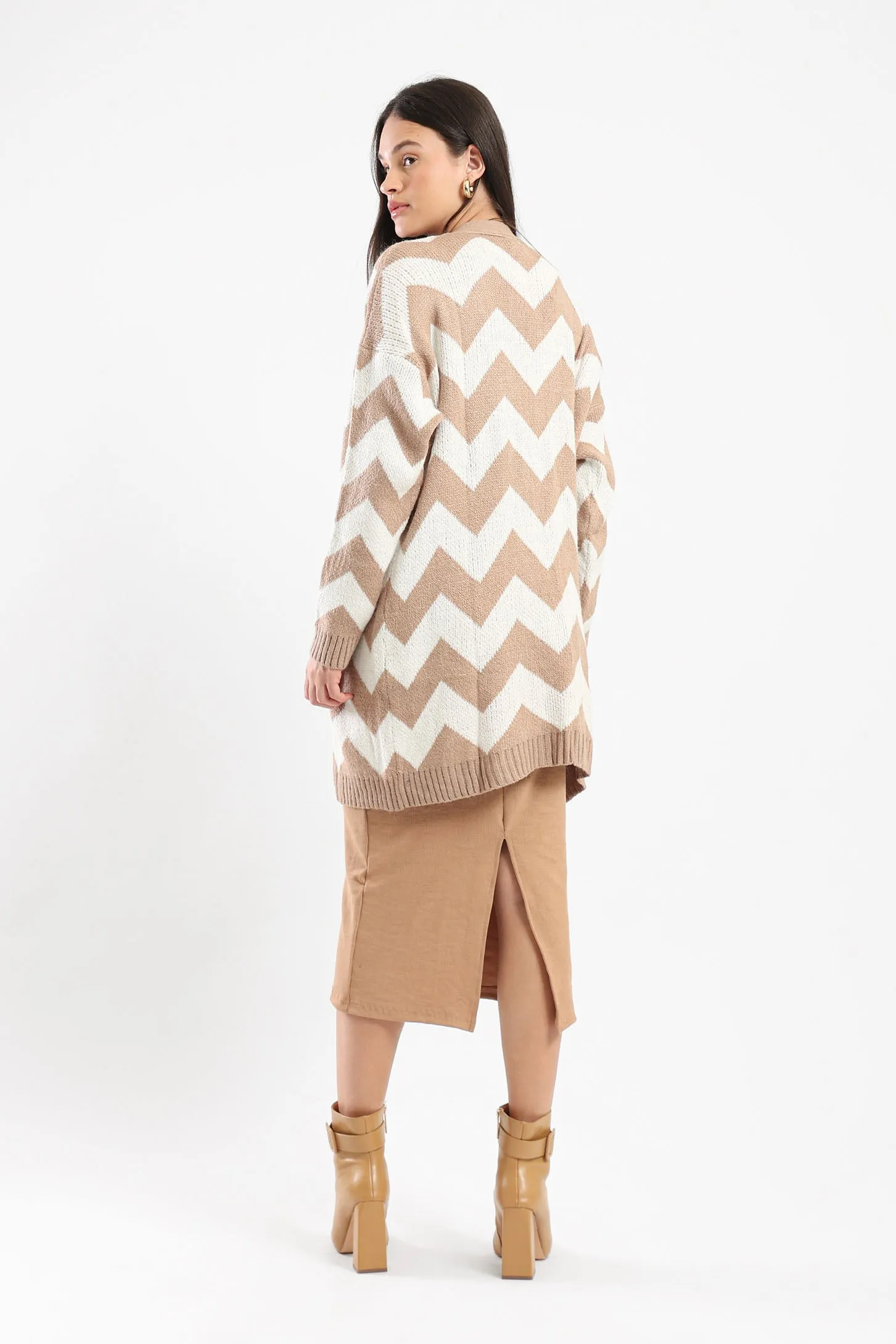 CHEVRON KNIT CARDIGAN - BEIGE