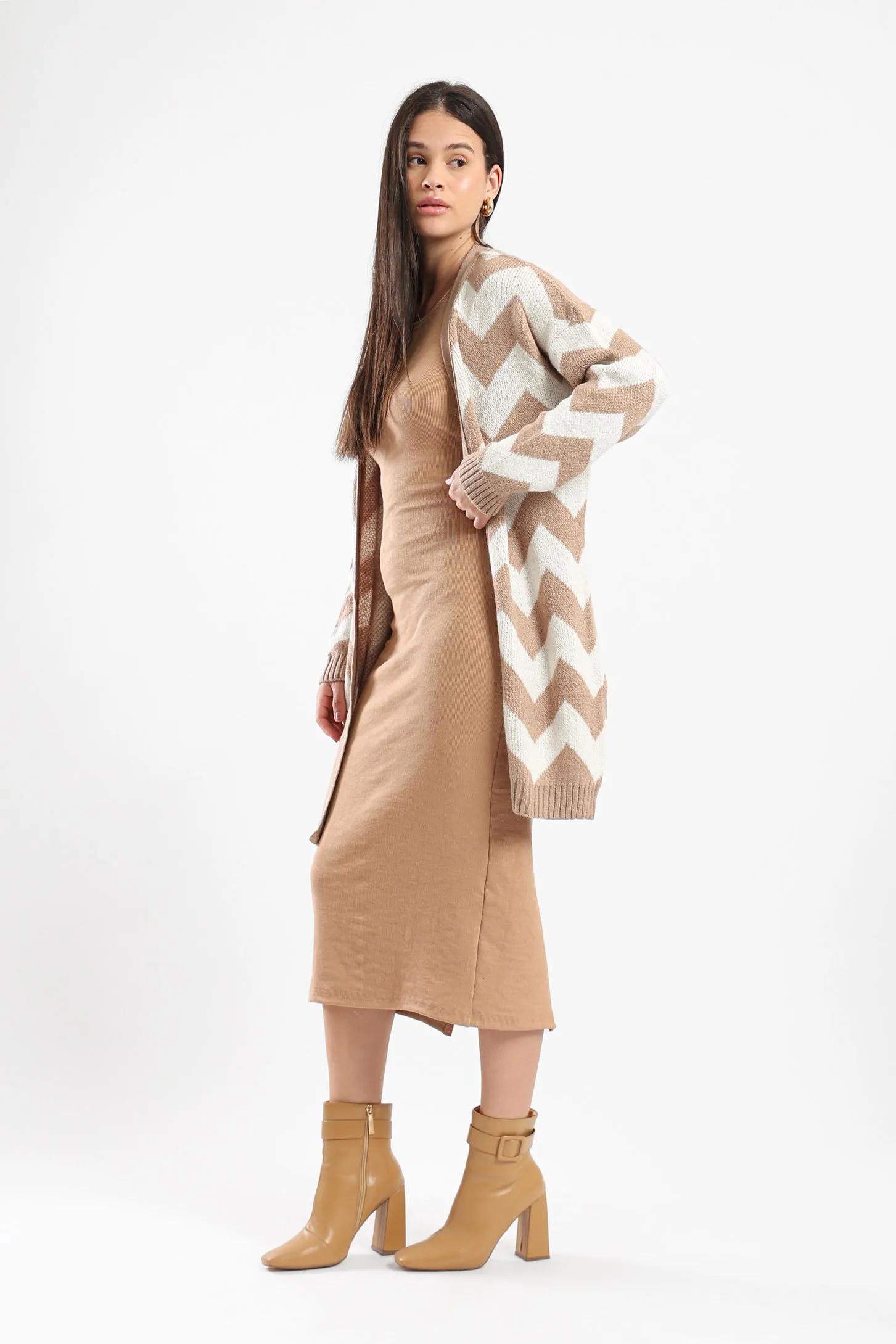 CHEVRON KNIT CARDIGAN - BEIGE