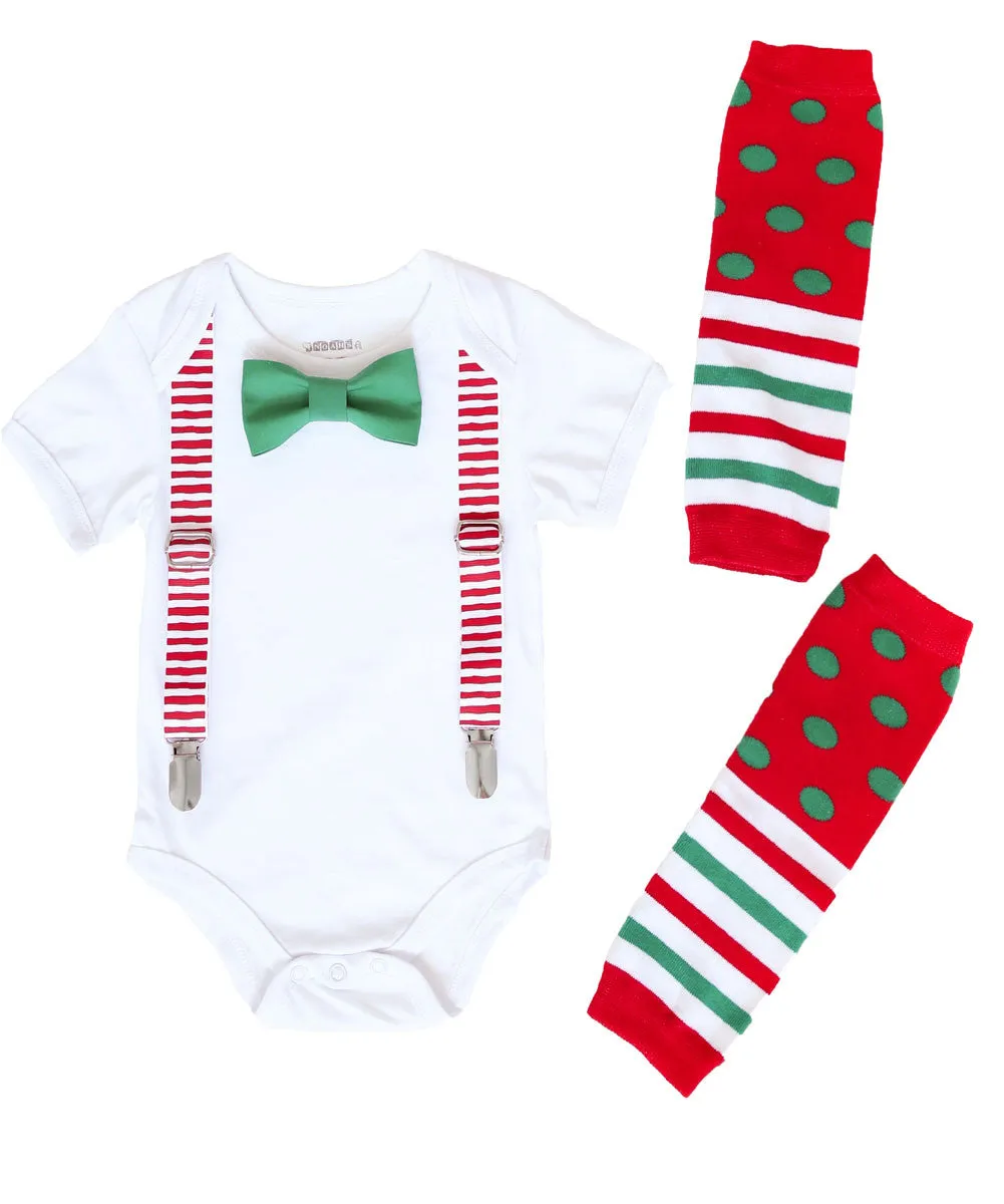 Christmas Outfits for Boys Red White Suspenders Bow Tie Legwarmers