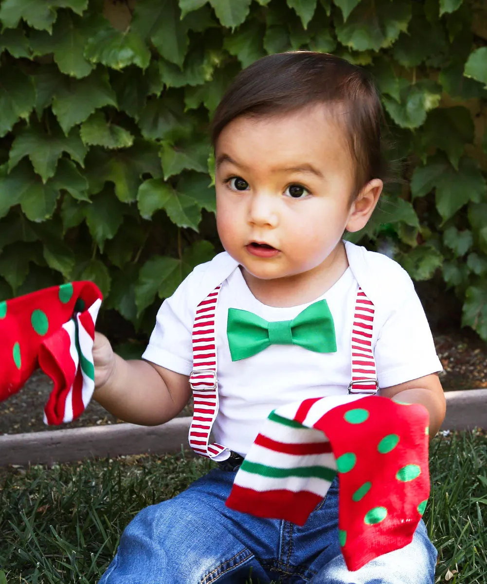 Christmas Outfits for Boys Red White Suspenders Bow Tie Legwarmers