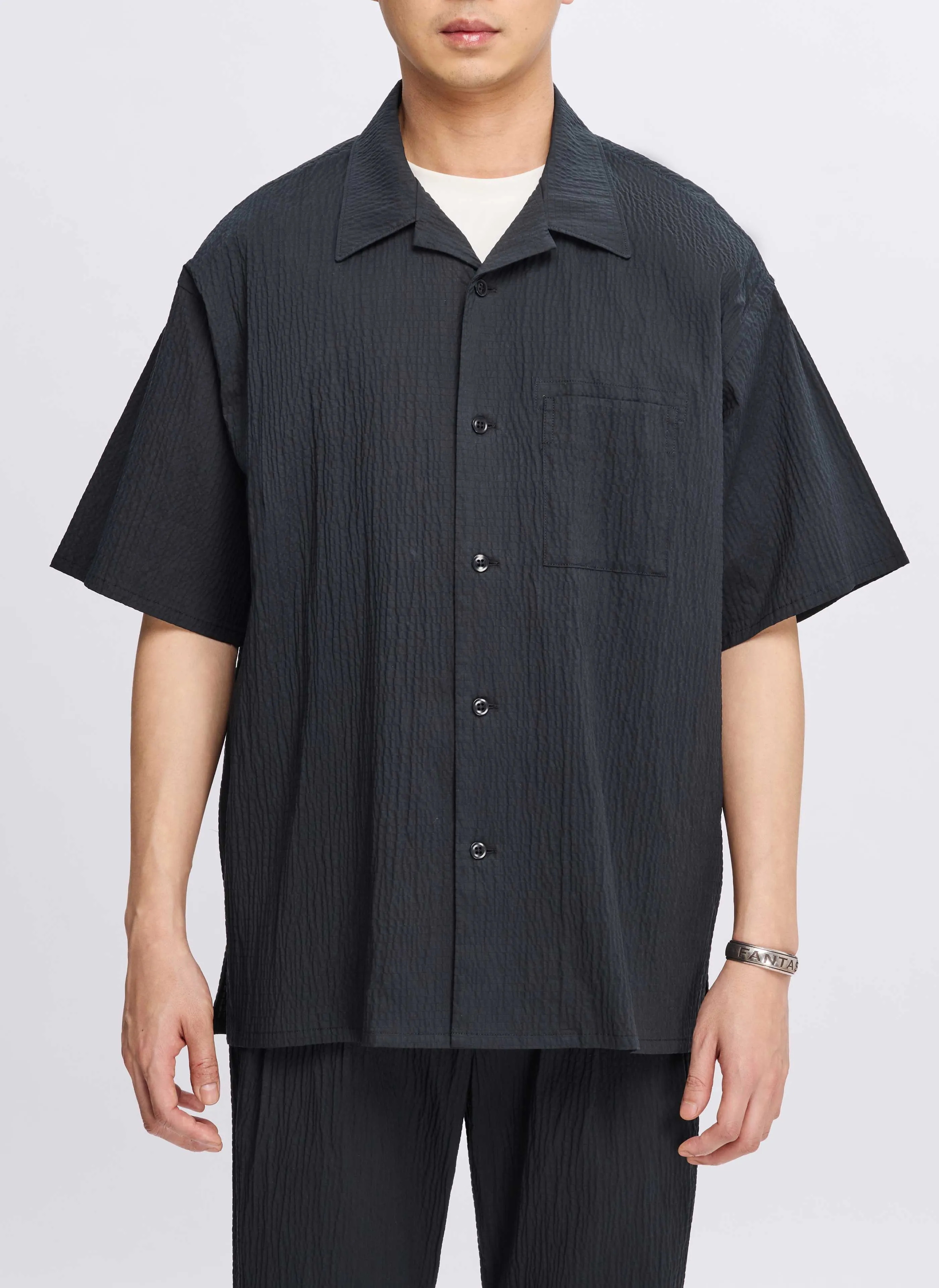 Cotton Nylon Seersucker Open Collar Shirt