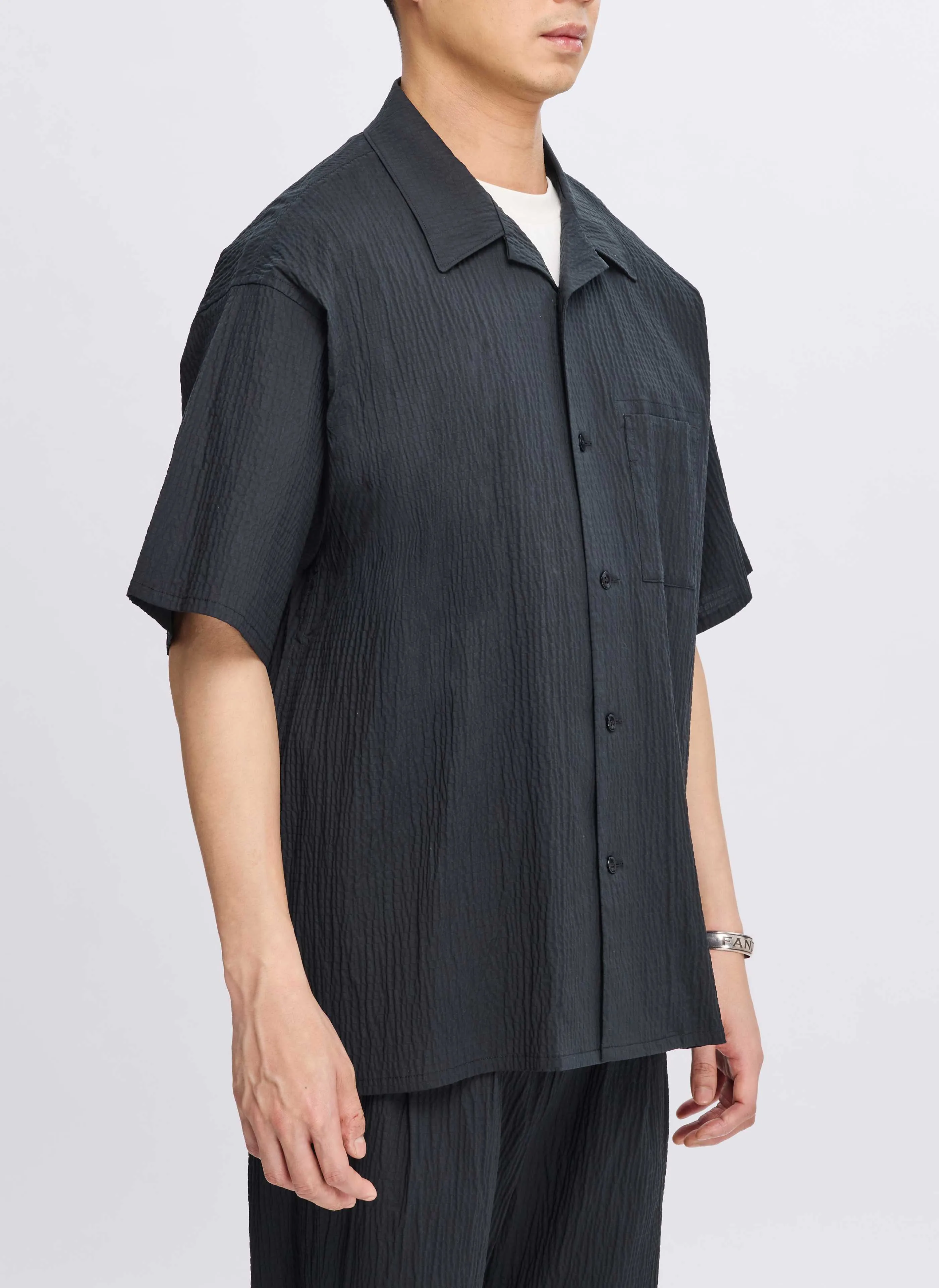 Cotton Nylon Seersucker Open Collar Shirt