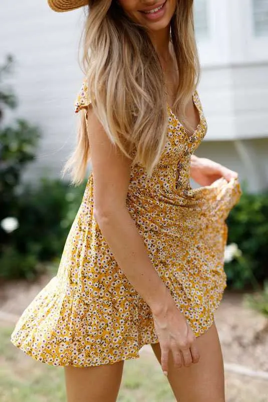 Cute Ditsy Floral Prints V Neck Button Through Mini Dress