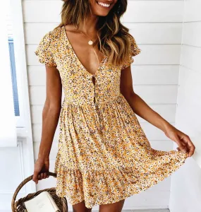 Cute Ditsy Floral Prints V Neck Button Through Mini Dress