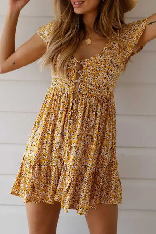 Cute Ditsy Floral Prints V Neck Button Through Mini Dress