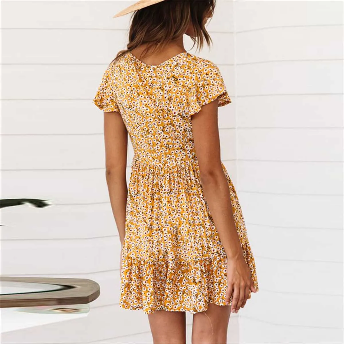 Cute Ditsy Floral Prints V Neck Button Through Mini Dress