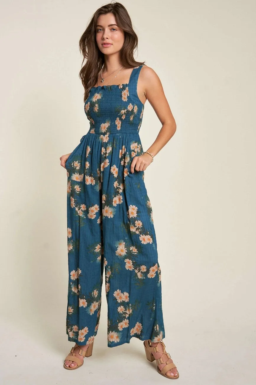 Daisy Smocked Wide Leg Jumpsuit in Midnight Blue