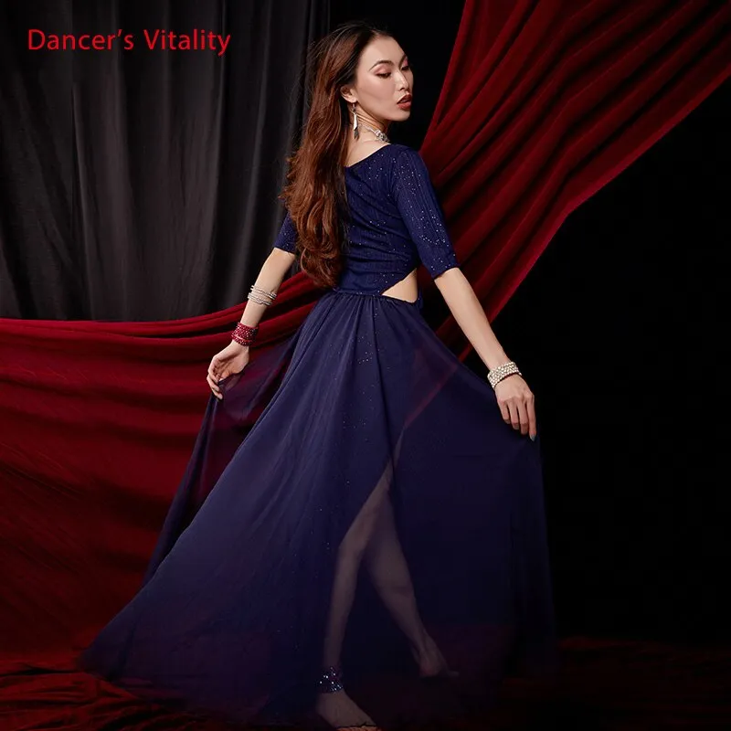 Dance Skirt Haft-Sleeved Dress Women Belly Dance Oriental Dance Practice Spandex Costume Blue Red Large