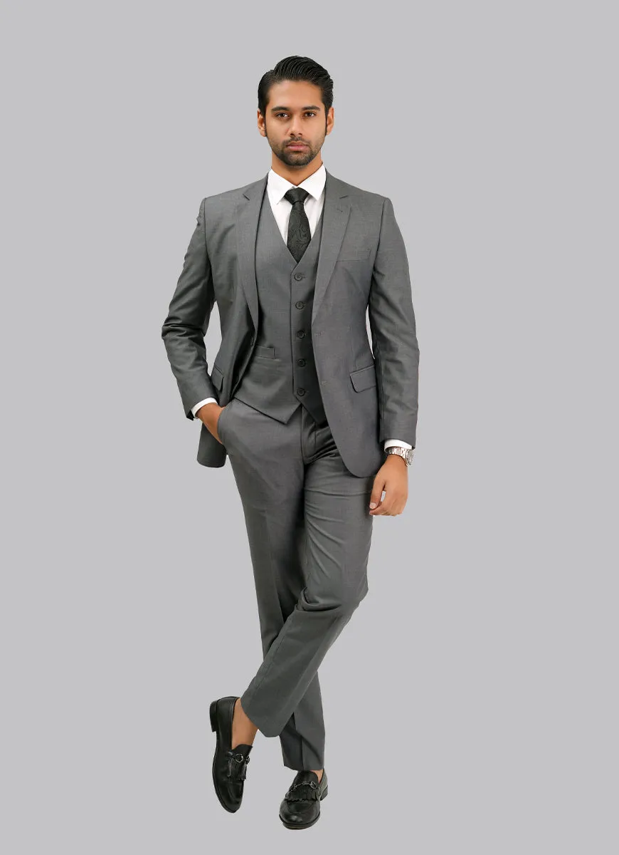 Dark Grey Plain Plain 3-Piece Suit