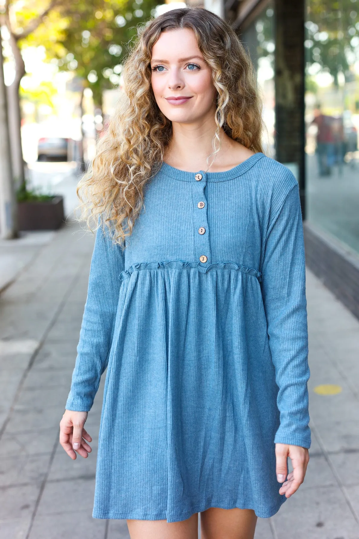 Denim Ribbed Hacci Henley Button Dress