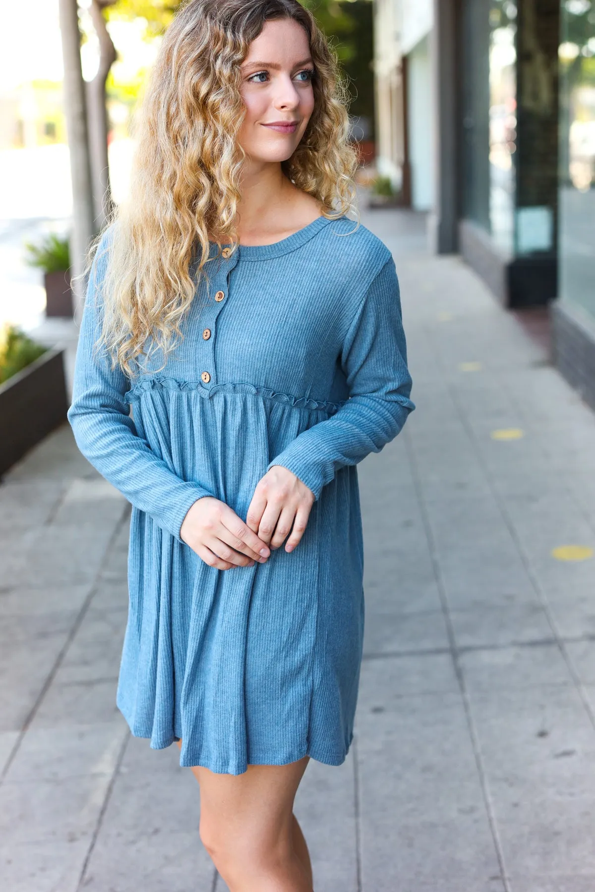 Denim Ribbed Hacci Henley Button Dress