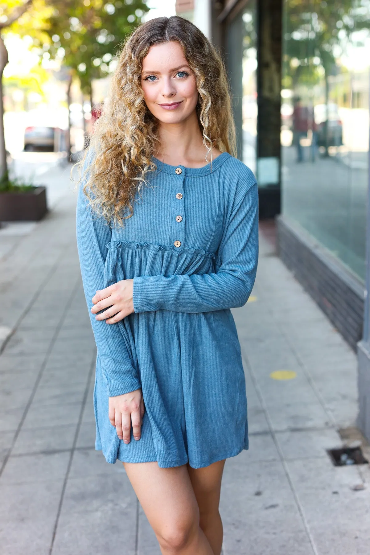 Denim Ribbed Hacci Henley Button Dress