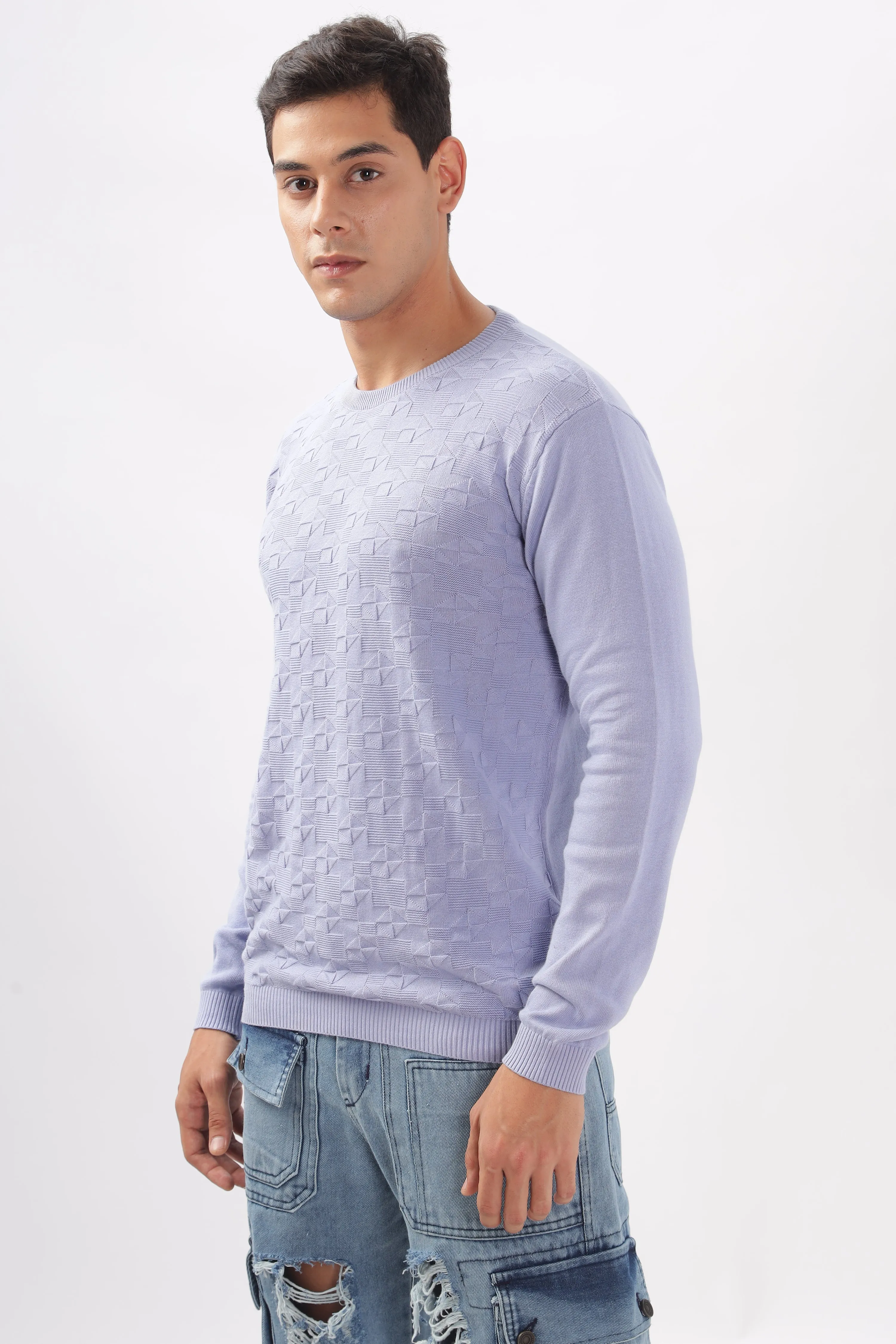 Diamond Knitted Pastle Purple Full-Sleeve T-Shirt