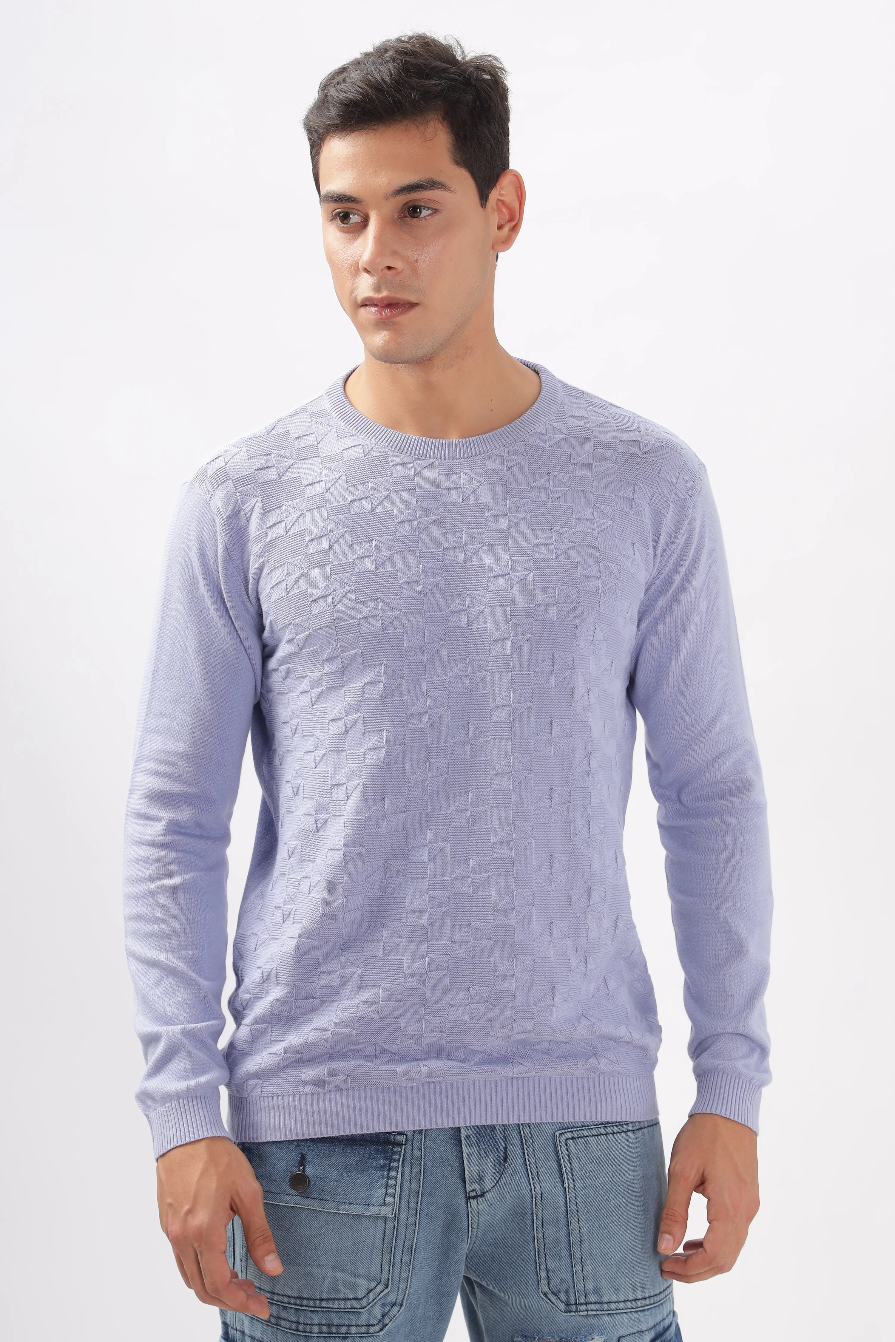 Diamond Knitted Pastle Purple Full-Sleeve T-Shirt