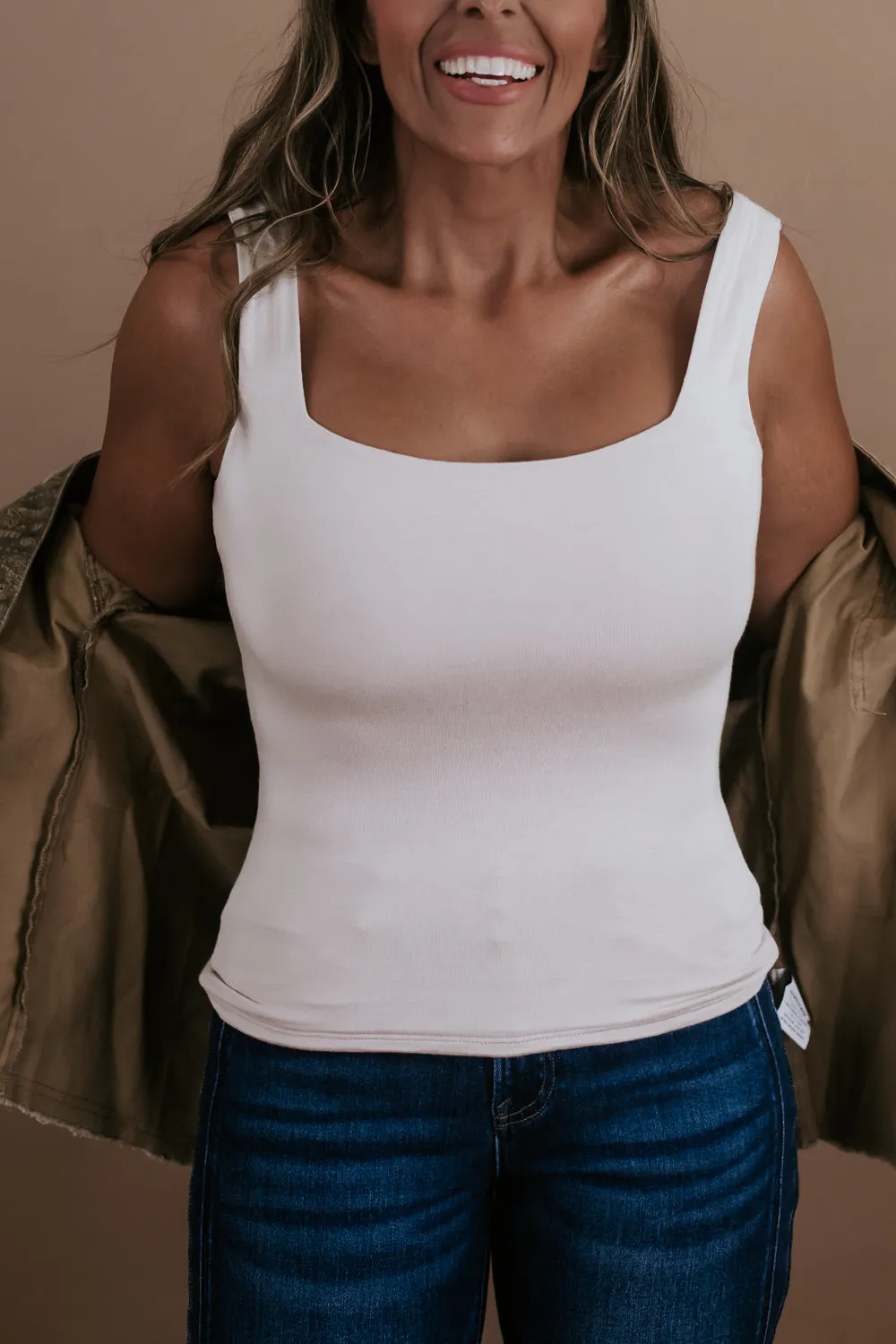 Double Layered Reg Length Tank, lt. taupe