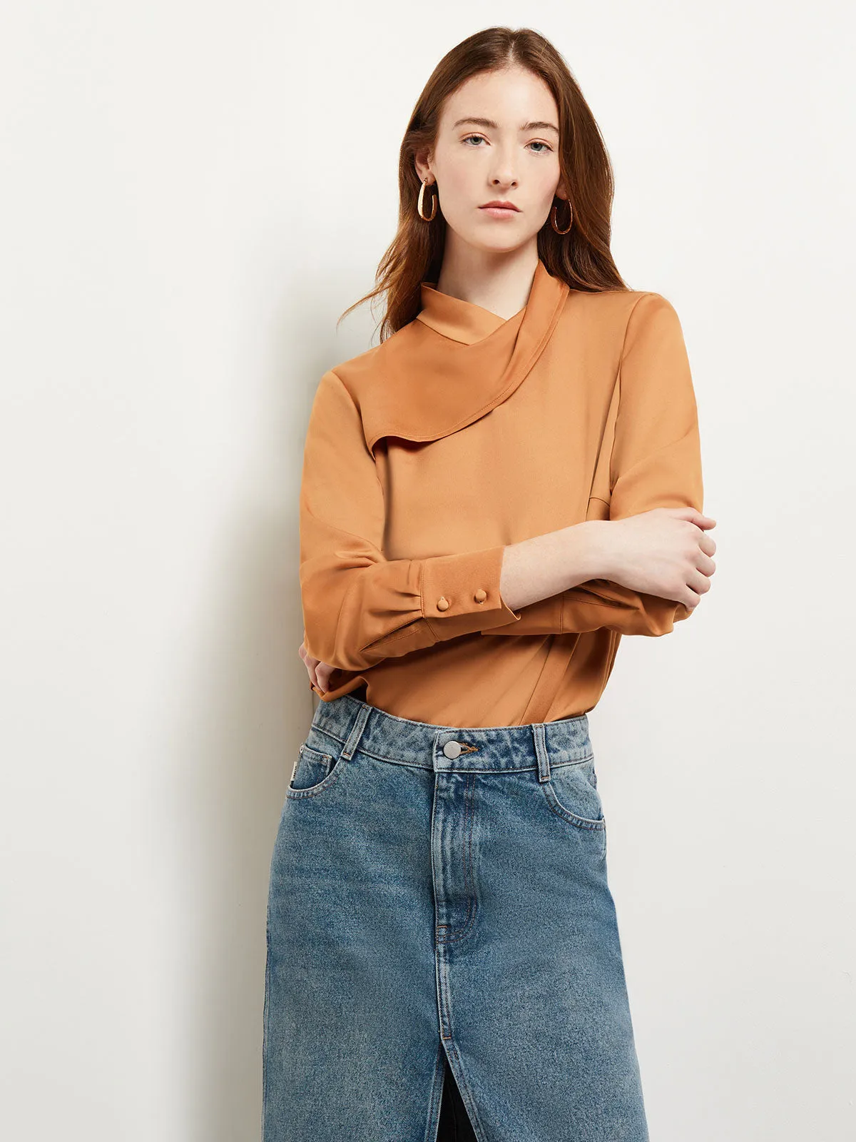 Draped High Neck Crepe de Chine Blouse, Goldenwood