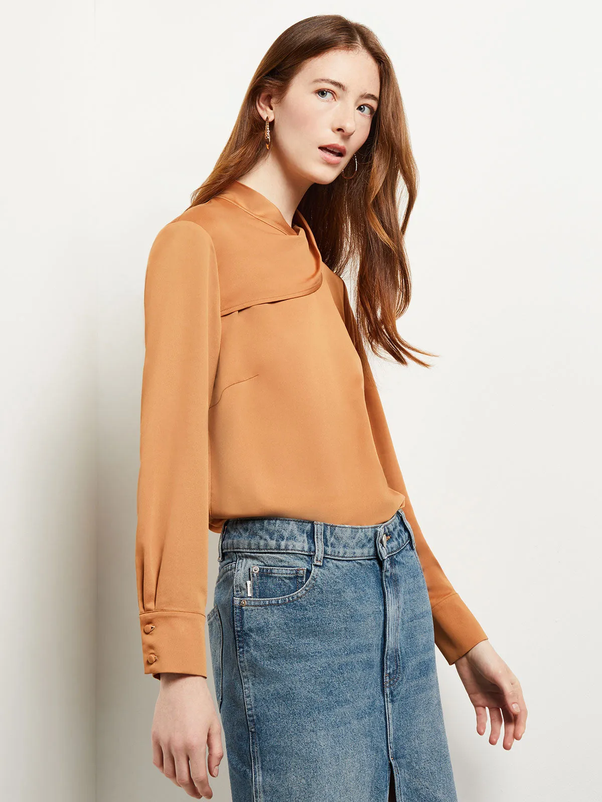 Draped High Neck Crepe de Chine Blouse, Goldenwood