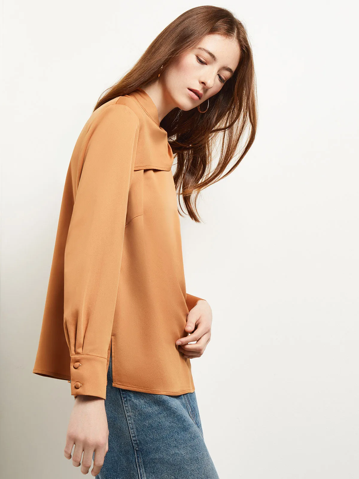 Draped High Neck Crepe de Chine Blouse, Goldenwood