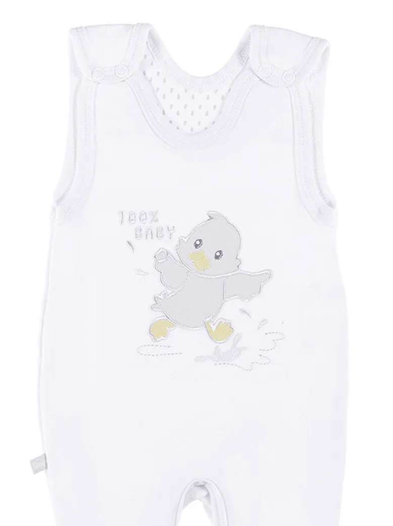 Early Baby Footed Dungarees, Embroidered Chick Design - White