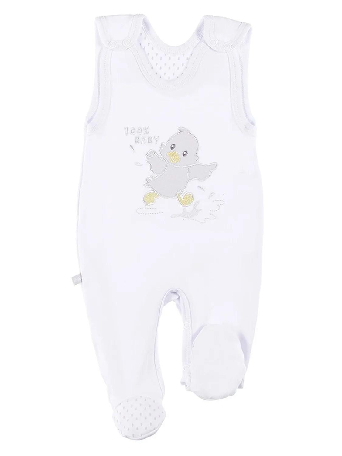 Early Baby Footed Dungarees, Embroidered Chick Design - White