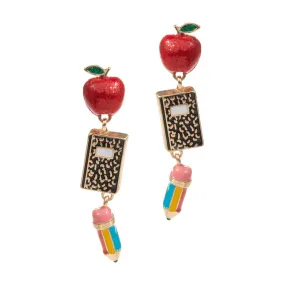 Enamel Apple Notebook Pencil Link Dropdown Earrings