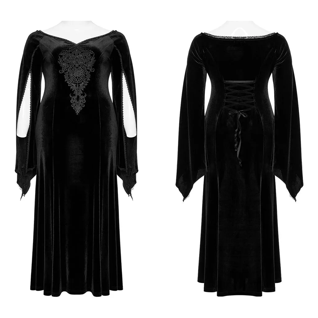 Enchantress' Embrace: Adjustable V-Neck Goth Dress with Exquisite Decal and Dramatic Sleeves