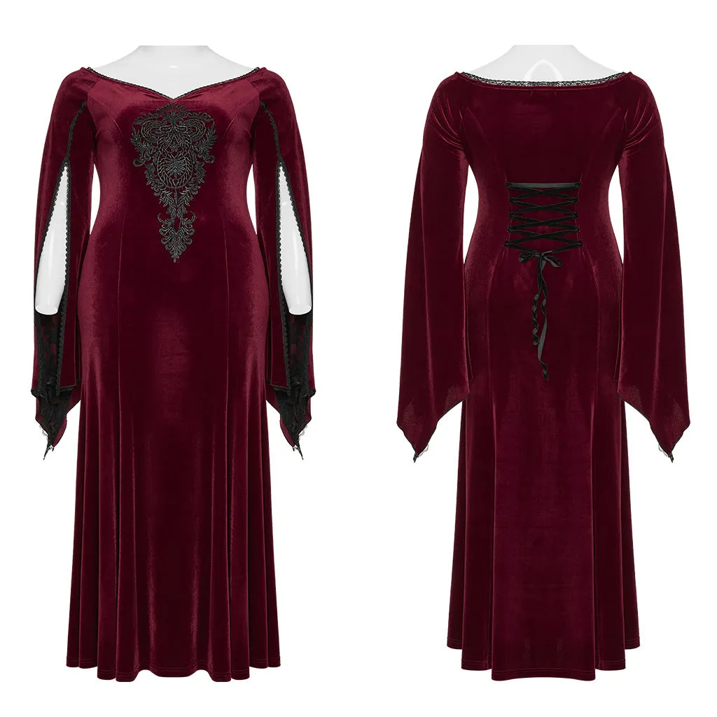 Enchantress' Embrace: Adjustable V-Neck Goth Dress with Exquisite Decal and Dramatic Sleeves