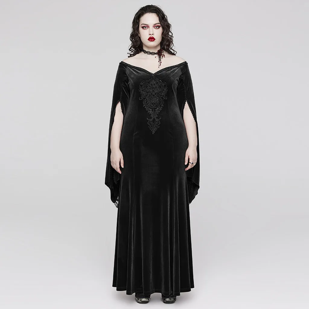 Enchantress' Embrace: Adjustable V-Neck Goth Dress with Exquisite Decal and Dramatic Sleeves