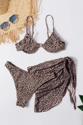 Fashion 3pcs Leopard Bikini & Sarong Swim Set