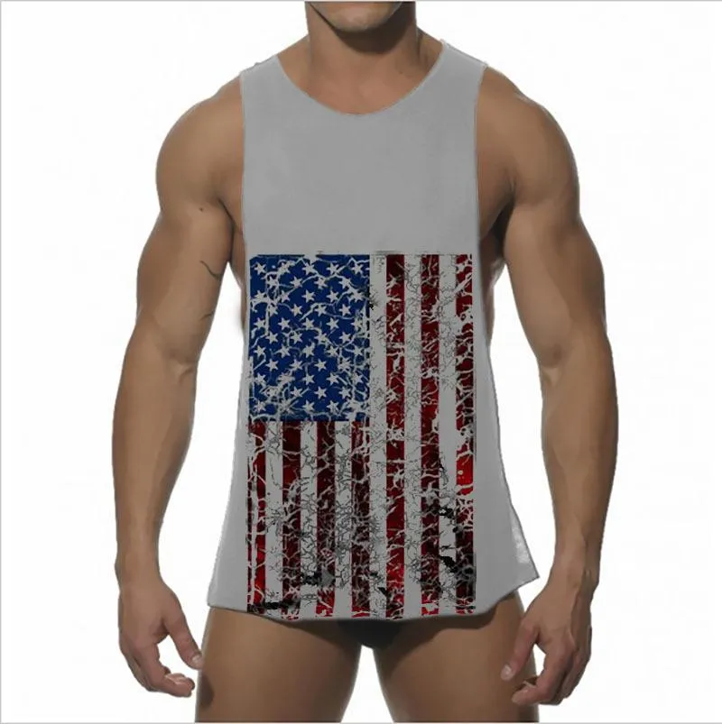 Fashion Flag Printed Men's Tank Vest Cotton Sport Short Top Muscle Man Sleeveless O-Neck Vest Tank For Gym Sport