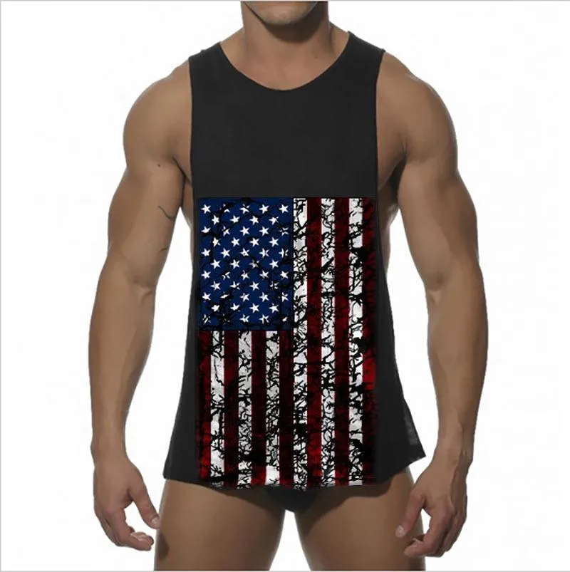 Fashion Flag Printed Men's Tank Vest Cotton Sport Short Top Muscle Man Sleeveless O-Neck Vest Tank For Gym Sport