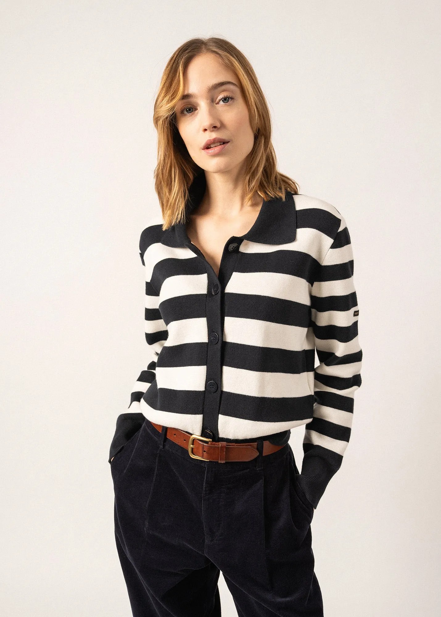 GALWAY - Striped Cardigan with Polo Collar for Women | Cotton & Cashmere (NAVY / IVORY)