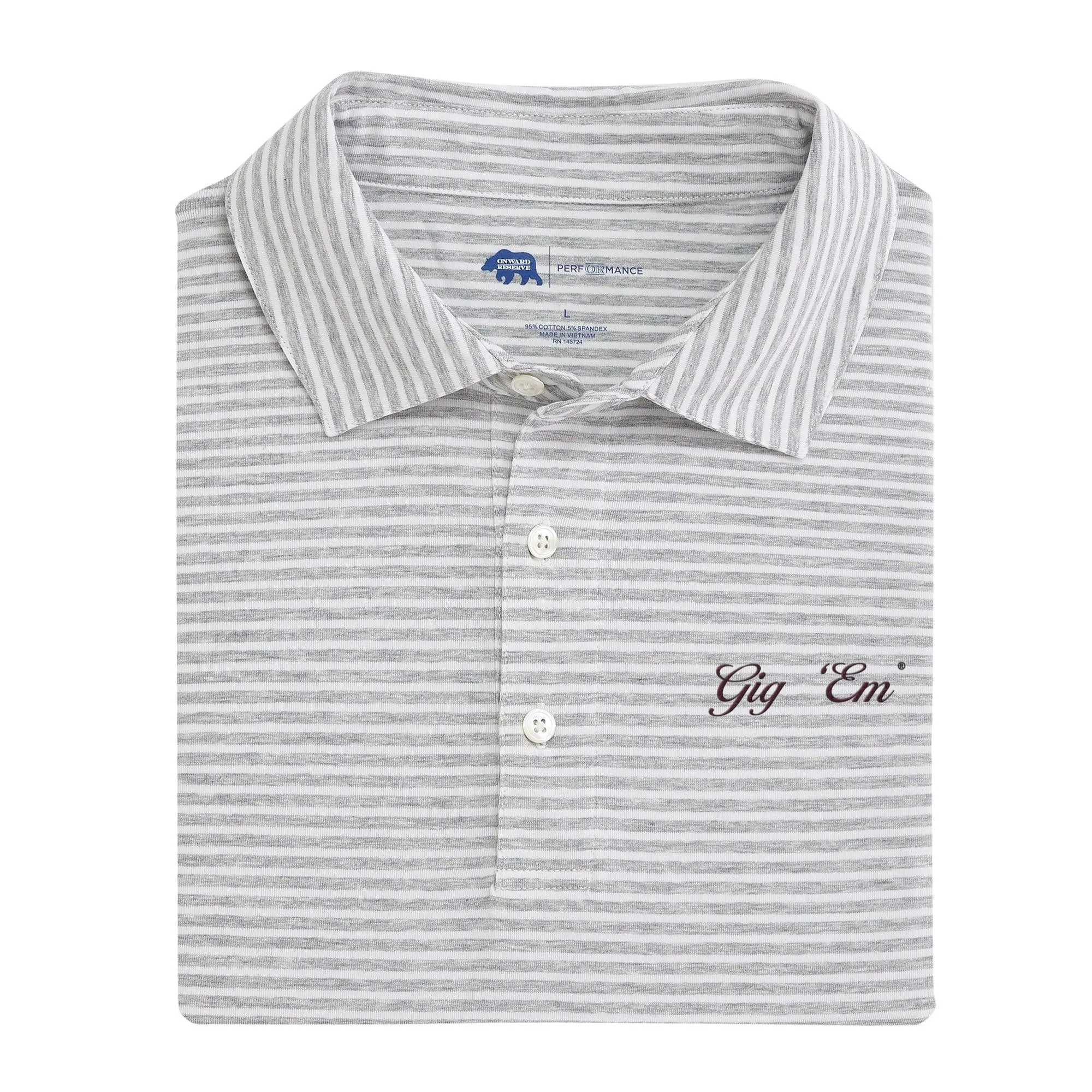 Gig 'Em Vintage Script Row Stripe Icon Polo - Heather Grey