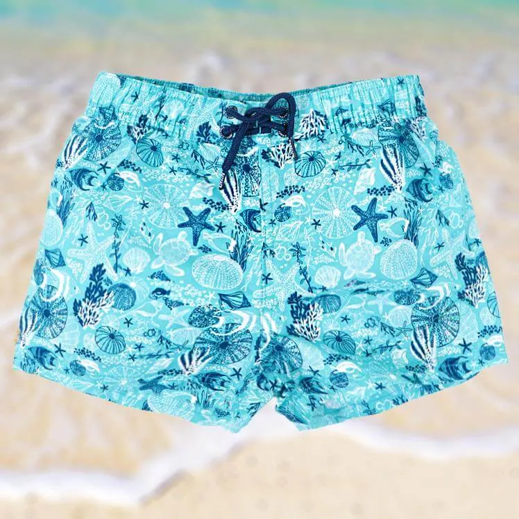 Girls Aqua Blue Under The Sea Print Swim Shorts with Drawstring & Elasticated Waist