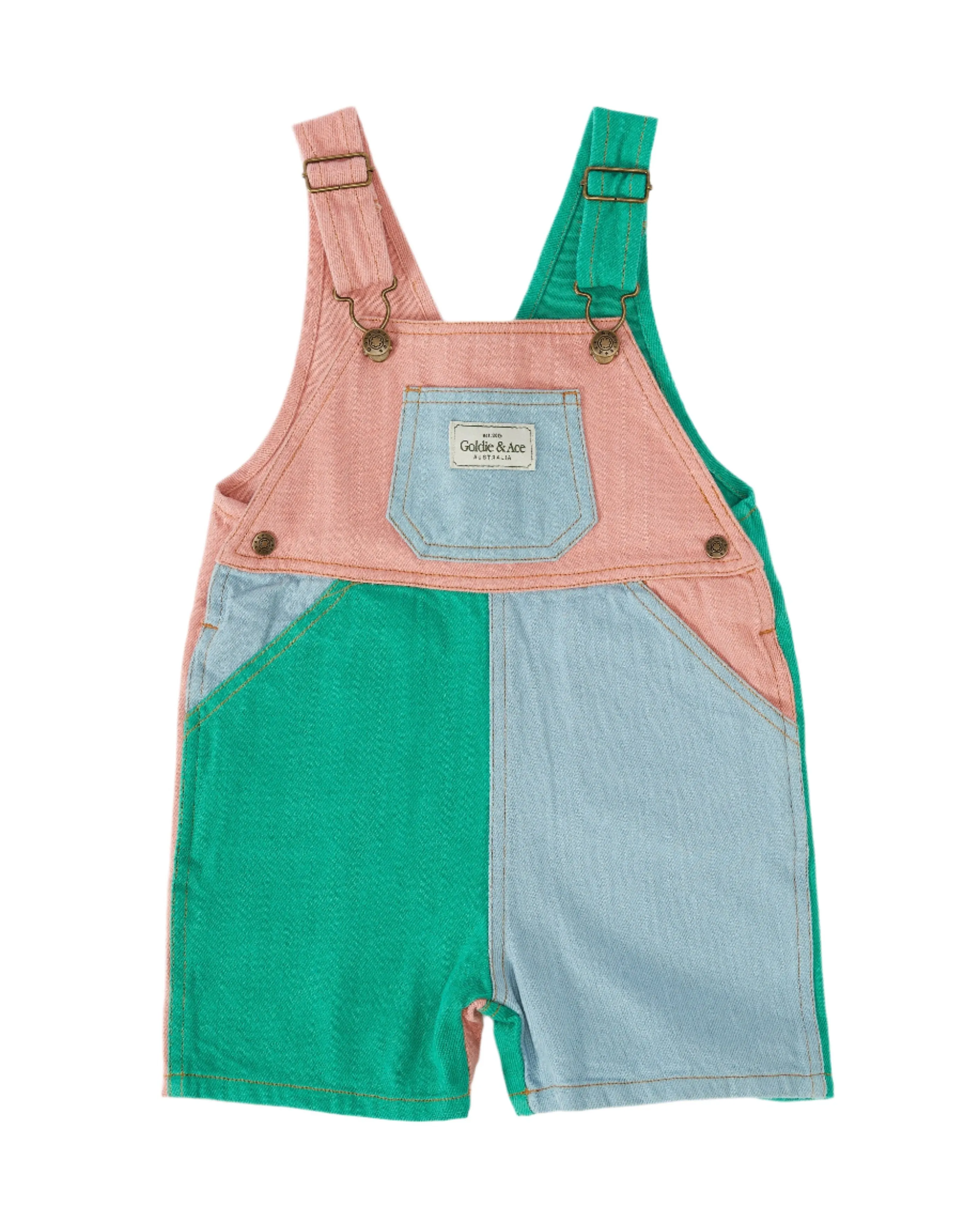 Goldie & Ace - Burton Colour Block Denim Overalls - Denim Green Rust