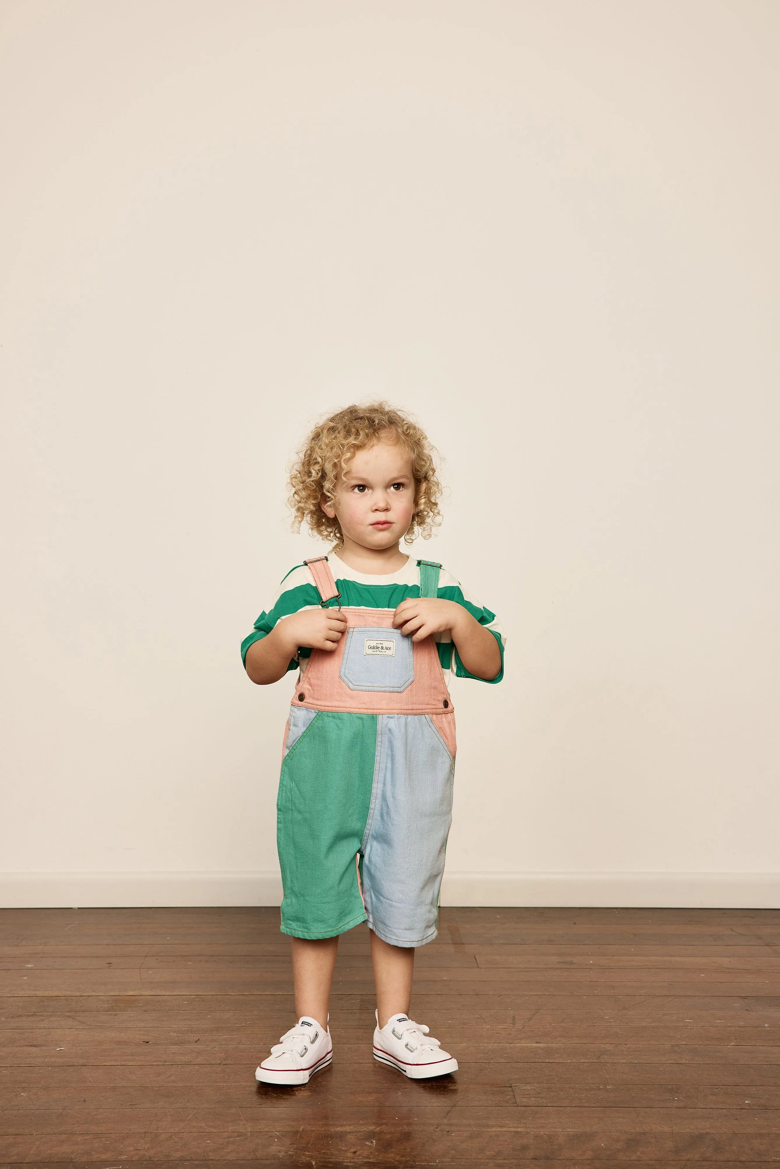 Goldie & Ace - Burton Colour Block Denim Overalls - Denim Green Rust