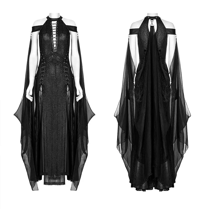 Goth Sexy Halter Neck Deep V High Slit Chiffon Dress Evening Party Dinner Gown