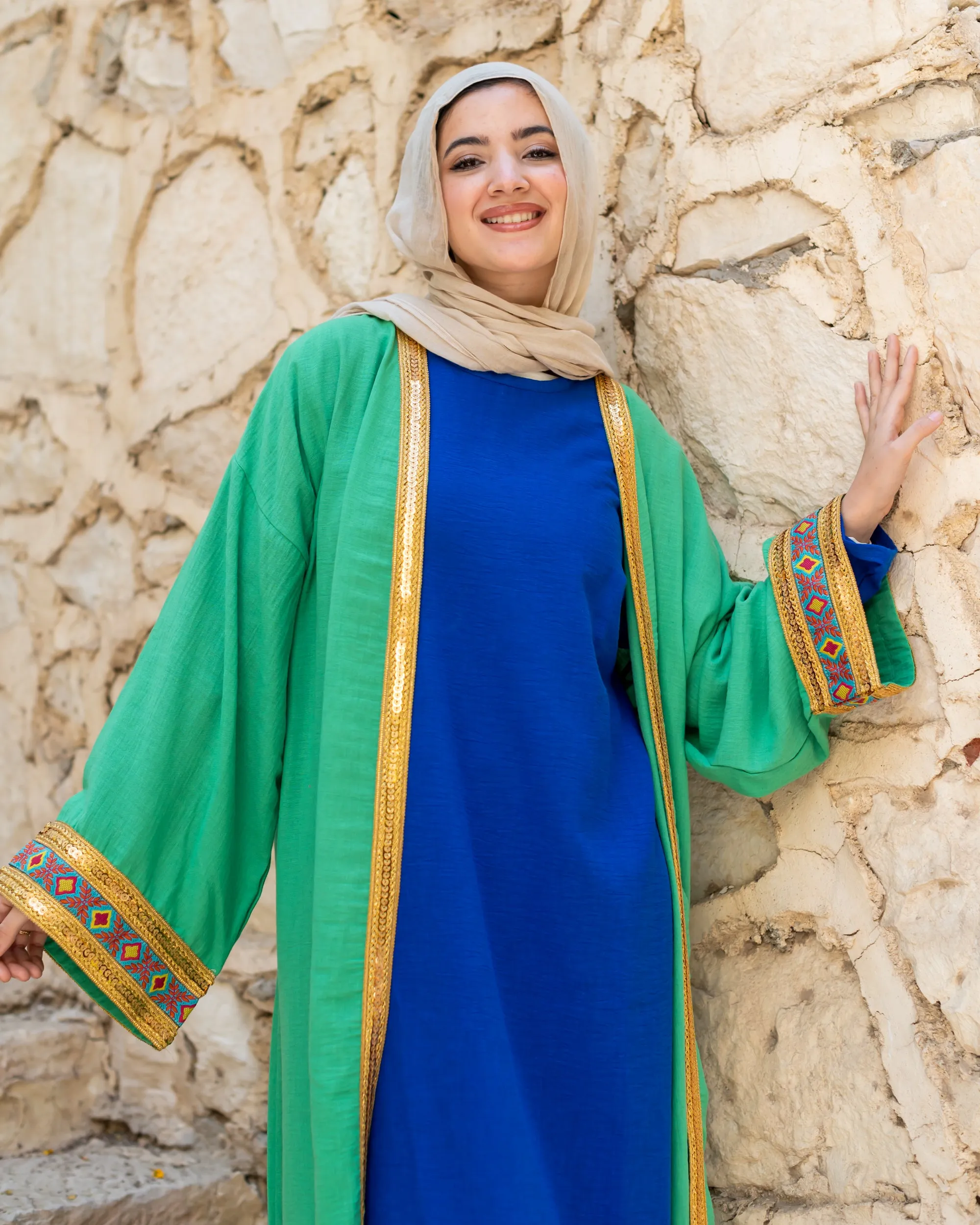 Green Indian Cloak with gold tape