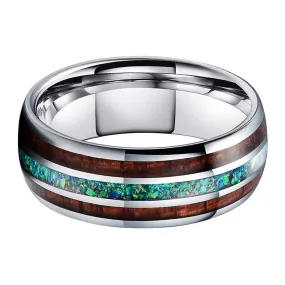 Green Opal & Koa Wood Silver Tungsten Ring (8mm)