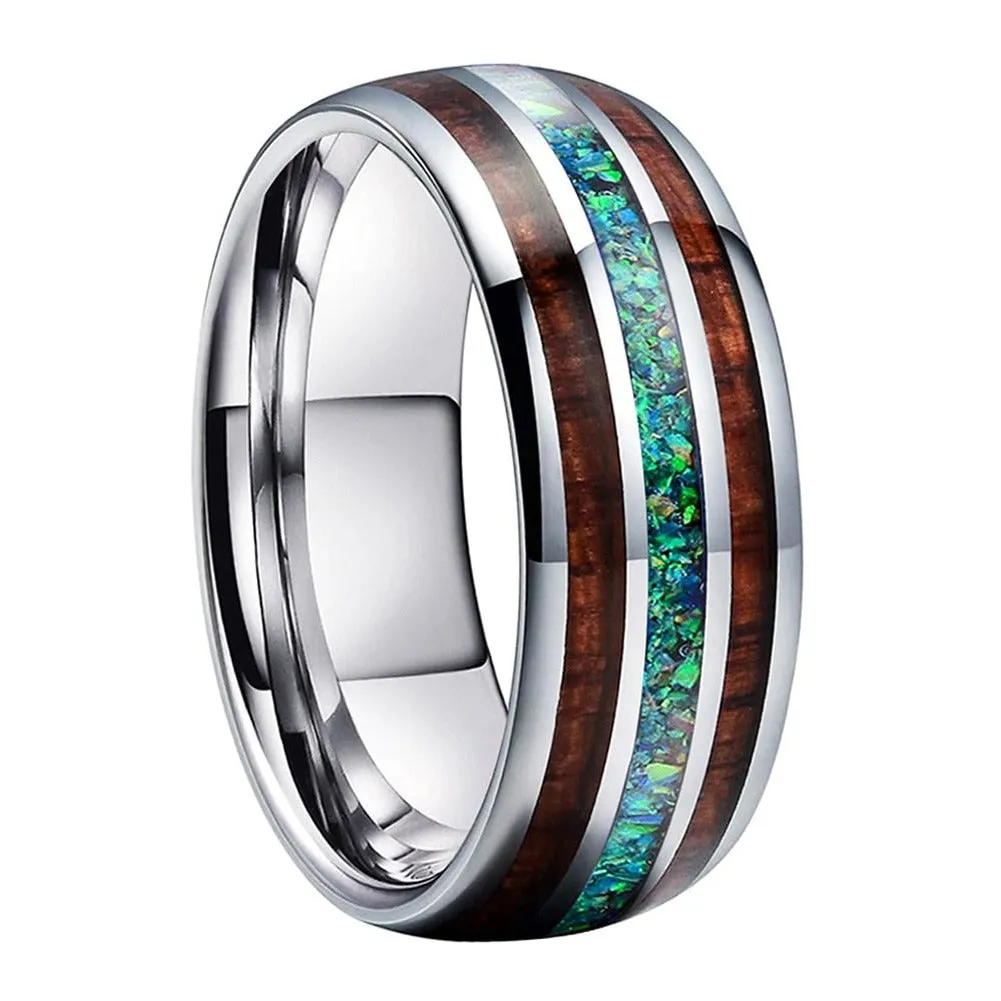 Green Opal & Koa Wood Silver Tungsten Ring (8mm)