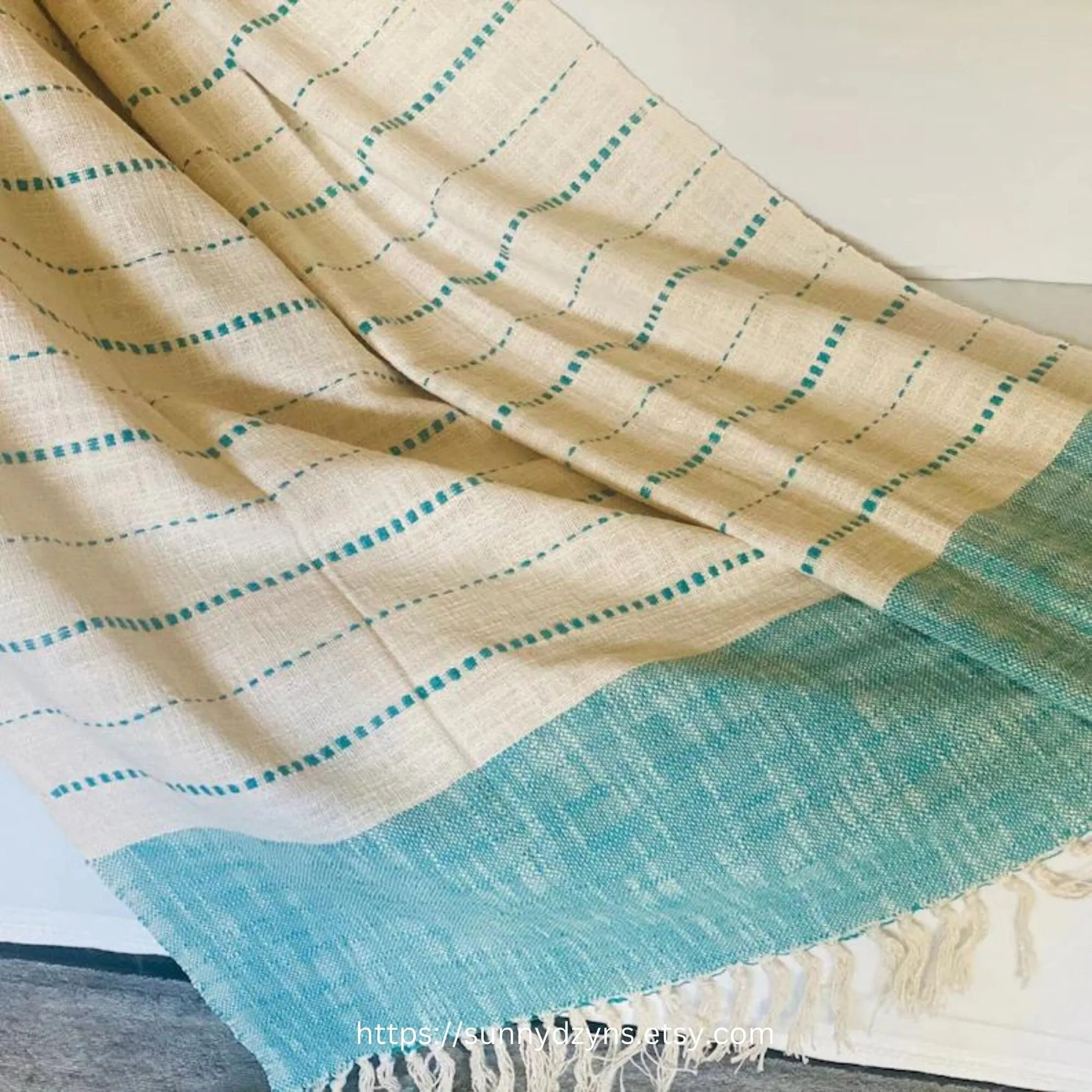 Hand Loomed Throw Blanket For Couch, Teal Green Boho Throw, Woven Blanket for Bedroom, Cotton Blanket, New Home Gift